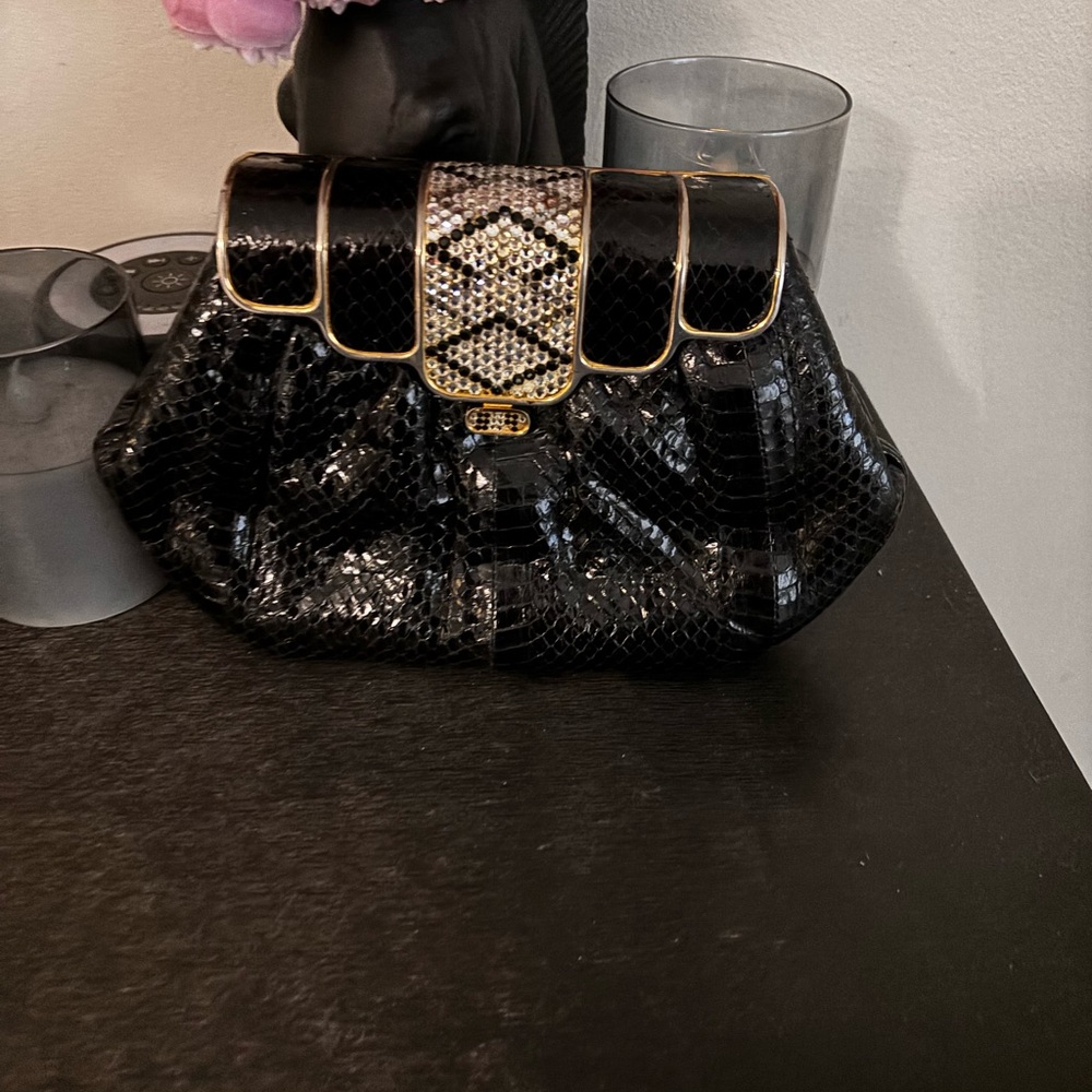 Vintage Black Patent Snakeskin-Effect Evening Clutch